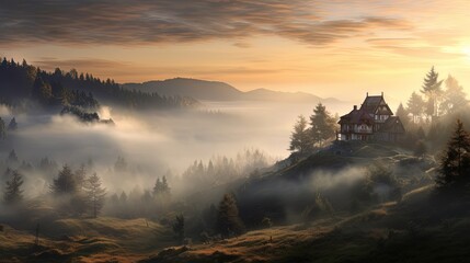  a house on a hill surrounded by fog and trees at sunset.  generative ai