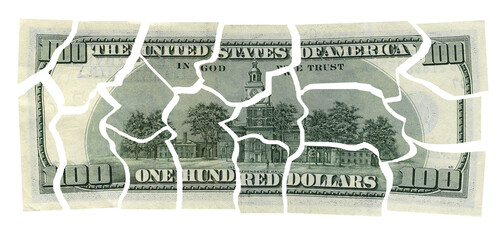 Business concepts. Financial crisis. Cut the money dollar isolated on transparent png