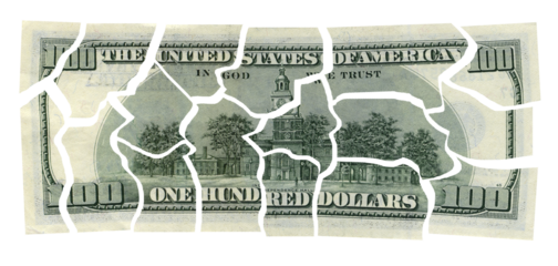 Business concepts. Financial crisis. Cut the money dollar isolated on transparent png