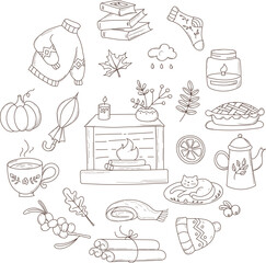 Set of fall seasonal elements. Autumn collection: dry leaves, harvest and berries, warm clothes, cozy home and other. Sketch vector illustration.
