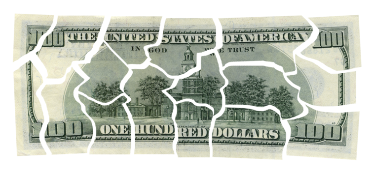 Business concepts. Financial crisis. Cut the money dollar isolated on transparent png