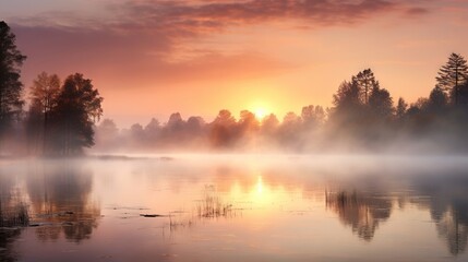 Fototapeta premium the sun is setting over a lake with trees in the background. generative ai