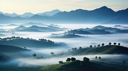  a view of a mountain range covered in fog and mist.  generative ai