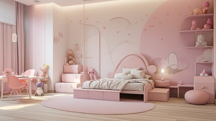 a modern children's room with light pastel tones, showcasing elements like furniture, decorations, and toys that reflect a sophisticated yet child-friendly design.