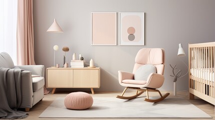 a modern children's room with light pastel tones, showcasing elements like furniture, decorations, and toys that reflect a sophisticated yet child-friendly design.
