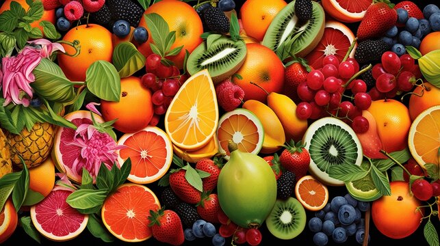  a bunch of different fruits and vegetables are grouped together in a picture.  generative ai