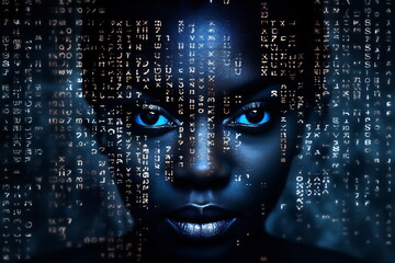 Black woman face with digital matrix numbers. Artificial intelligence. AI theme with a female human face