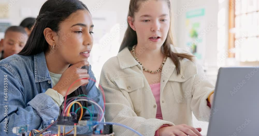 Aufkleber Robotics, children and education with laptop at school learning coding, robot or programming. Girl students in classroom for technology, electronics or science for development, innovation or teamwork