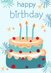 Birthday card with festive cake, confetti around. Illustration for a postcard or invitation. Concept of celebration, happiness, joy. Vector illustration.