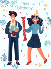 Office colleagues are celebrating a birthday. Dancing and confetti add flair, as office coworkers come together to revel in shared celebration. Concept of happiness, celebration. Vector.