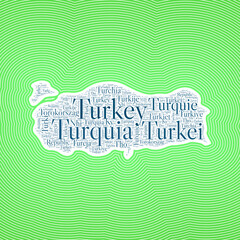Turkey shape formed by country name in multiple languages. Turkey border on stylish striped gradient background. Vibrant poster. Neat vector illustration.