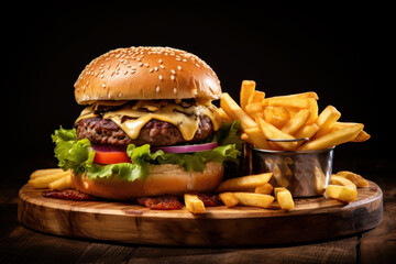 Delicious burgers with beef, tomato, cheese, french fries on wooden board