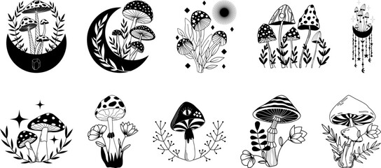 Mystical boho mushrooms vector set, magic fantasy mushroom with moon and stars, witchcraft symbol, witchy esoteric objects, mystical floral elements - 641853569