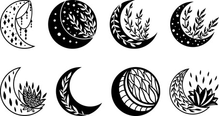 Mystical floral moon collection, celestial clipart, hand drawn line art mystical isolated symbols, magic illustration - 641853571