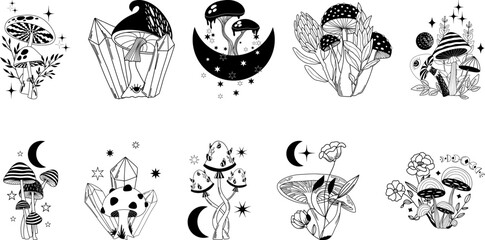 Mystical boho mushrooms vector set, magic fantasy mushroom with moon, stars and crystals, witchcraft symbol, witchy esoteric objects, mystical floral elements