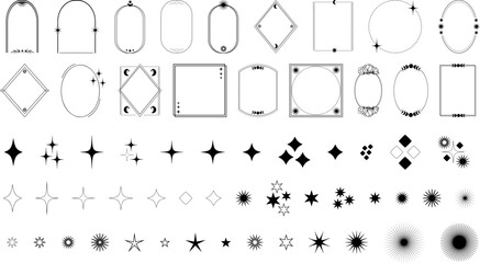 Set of vector mystical frames with celestial decorative elements and stars for cards, posters and invitations, boho bohemian borders clipart