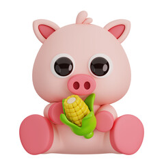Cute Pig Holding Corn Isolated. Animals and Food Icon Cartoon Style Concept. 3D Render Illustration