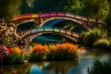 A rainbow-colored bridge stretches gracefully across a pristine river, leading to a mythical land of happiness and wonder - AI Generative