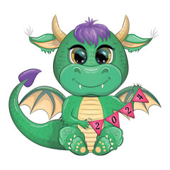 Fototapeta premium Cute cartoon green dragon in santa hat. 2024 new year, chinese calendar