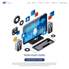 Home music studio, audio production, sound processing 3d isometric vector concept illustration