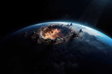 a giant flaming impact crater on planet earth. viewed from space. the big bang. Extinction Event - obrazy, fototapety, plakaty