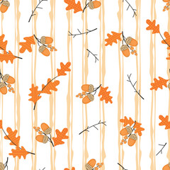Oak leaves and acorns on a background of vertical rough lines.Natural seamless pattern with foliage sprigs .Forest plants and autumn harvest.Colorful print on fabric and paper.Vector  illustration.