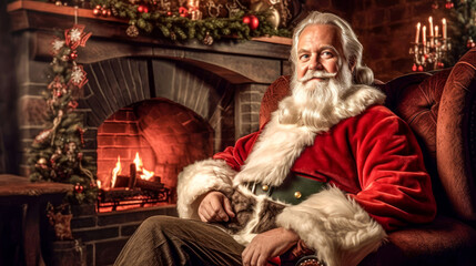 Obraz na płótnie Canvas Santa Claus sitting in chair by the fireplace. Christmas and New Year concept. Home decoration. 
