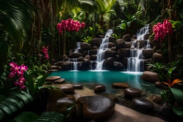 a tropical paradise garden with palm trees, vibrant orchids, and a cascading waterfall. Capture the essence of a luxurious tropical retreat - AI Generative