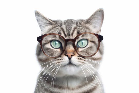 Funny cat in glasses, on white background. Photo Realistic cat portrait