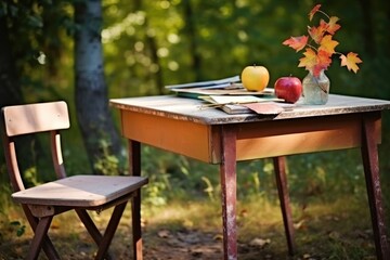 wooden table with school supplies