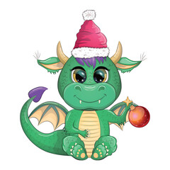 Fototapeta premium Cute cartoon green dragon in santa hat. 2024 new year, chinese calendar
