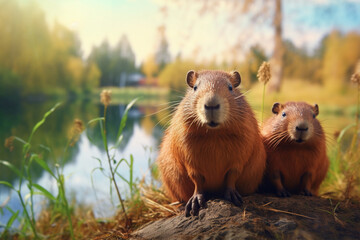 potrait of funny beaver in nature - obrazy, fototapety, plakaty