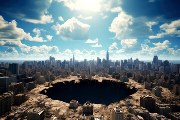 a huge crater hole in the center of a city skyline. blue sunny sky. - obrazy, fototapety, plakaty