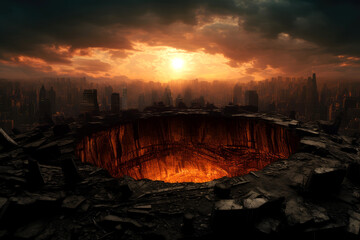 a giant flaming crater in the center of a vast city skyline.