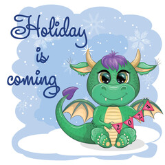Cute cartoon green dragon in santa hat. 2024 new year, chinese calendar
