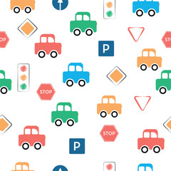 Cute childish seamless pattern with cars and road signs. Illustration of cars in flat style for wallpaper, fabric and textile design. Vector