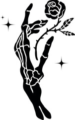 Skeleton hand magic art. Hand holding rose.