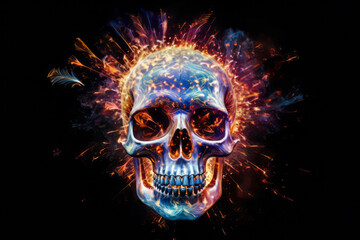 Fiery Human Skull on black background. Generative ai illustration of skull in fire.
