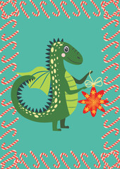 Christmas card with cute green dragon. Year of the Dragon 2024, China