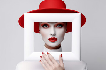 Beautiful woman with red lips and red makeup holding a frame. Fashion model. White red color palette - obrazy, fototapety, plakaty