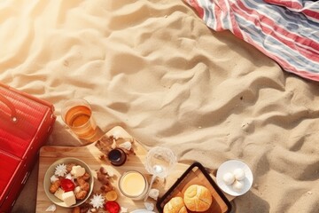 food and drink for romantic picnic on the beach, top view
