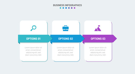 Timeline infographic with infochart. Modern presentation template with 3 spets for business process. Website template on white background for concept modern design. Horizontal layout.