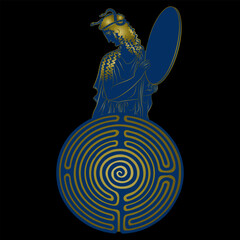 Ancient Greek woman holding tambourine with snakes in her hair and a round spiral maze or labyrinth symbol. Ariadne. Creative mythological design. Blue and gold silhouette on black background. - obrazy, fototapety, plakaty