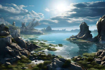 An environment without pollution. Clean water and rocks.