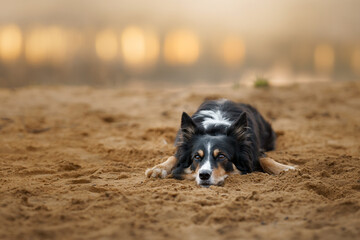 dog lies on the sand against a background of bokeh. tricolor border collie in nature