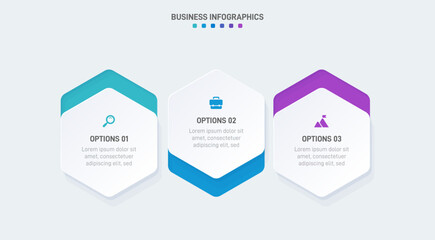 Timeline infographic with infochart. Modern presentation template with 3 spets for business process. Website template on white background for concept modern design. Horizontal layout.