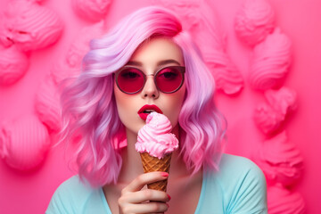 Beautiful woman with vivid makeup holding an ice cream. Fashion model. Pink color palette