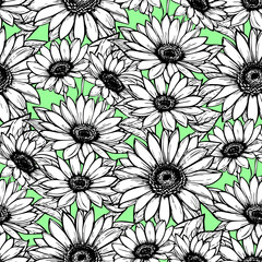 seamless pattern of large black and white flowers on a green background, texture, design