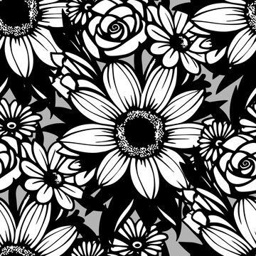 seamless pattern of black and white flowers on a gray background, texture, design