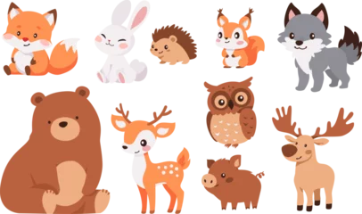 Tuinposter Collection of flat vector illustration with forest animals on white background. Bear deer hare wolf owl squirrel fox elk hedgehog wild boar. Cute children's illustrations on white background . Vector © Alena